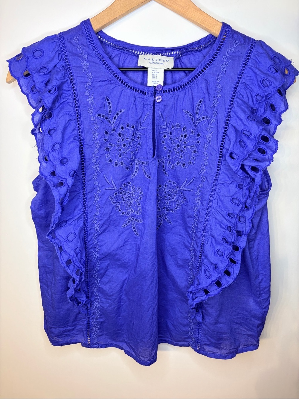 Calypso St. Barth Cobalt Blue Eyelet Embroidered Ruffle Tank Top, Size Small
